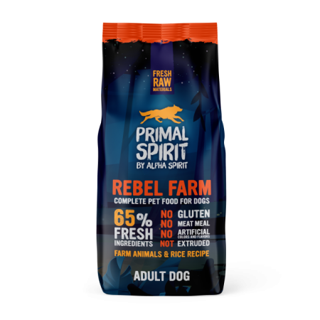65% REBEL FARM 12kg vista, zivs Pilnvērtīga sausā barība visu šķirņu suņiem / suņiem ar jūtīgu gremošanas sistēmu un suņiem ar lieko svaru