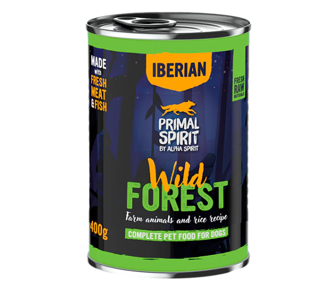 Cūkgaļa-titars ar rīsiem 400g Pilnvērtīga mitrā barība suņiem Wild Forest Iberian