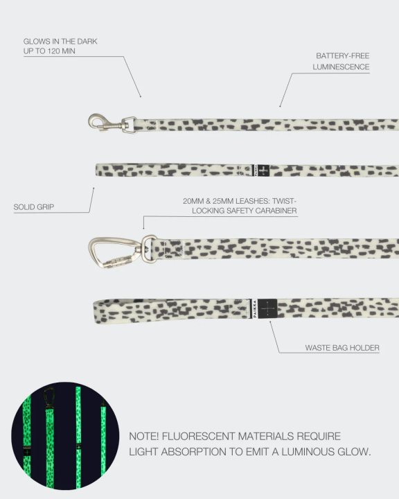Leoparda pavada spīd tumsā 90-120minūtes,pašspīdošs materiāls 2cmx180cm suņiem PAIKKA Glow Leash 2.0 brūns/balts - Image 4