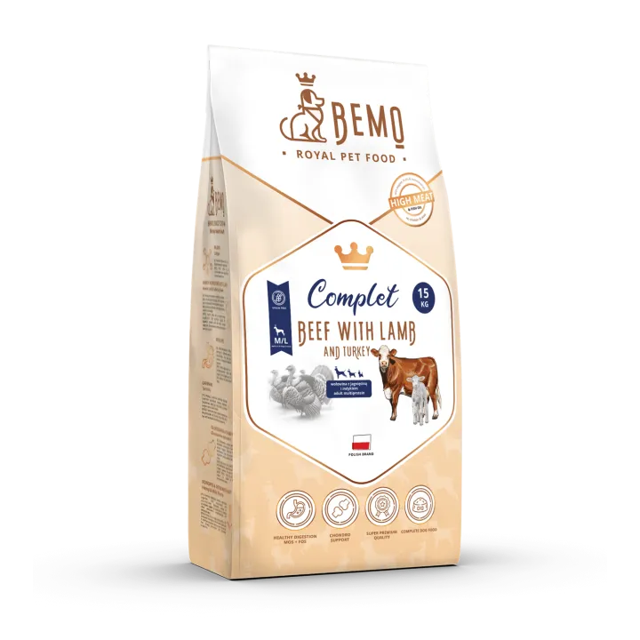LIELLOPS / TĪTARS / JĒRS daudzproteīnu bezgraudu pilnvērtīga sausā barība suņiem Bemo Complet 1 kg | 3kg | 10kg | 15kg