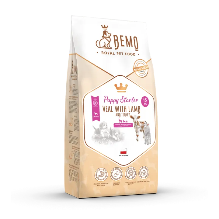 KUCĒNIEM un GRŪSNĀM KUCĒM pilnvērtīga sabalansēta sausā barība, kas bagātināta ar uzturvielu veselību veicinošām piedevam Bemo Puppy Starter 1 kg | 15 kg