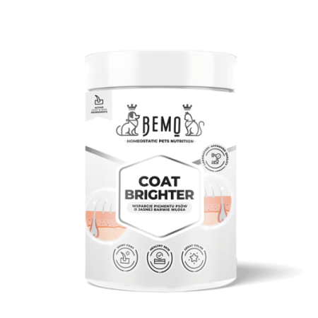 Suņiem ar gaišas krāsas apmatojumu / baltu bēšu krēmkrāsas un pelēku uztura bagātinātājs Bemo Coat Brighter 150g