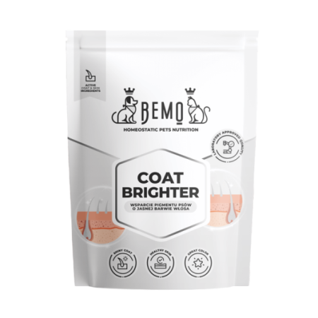 Suņiem ar gaišas krāsas apmatojumu / baltu bēšu krēmkrāsas un pelēku uztura bagātinātājs Bemo Coat Brighter 500g