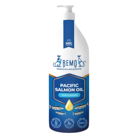 Savvaļas Aļaskas laša eļļa 1000ml suņiem kaķiem Omega -3-6 savstarpēji pareizās proporcijās Bemo Pacific Salmon Oil