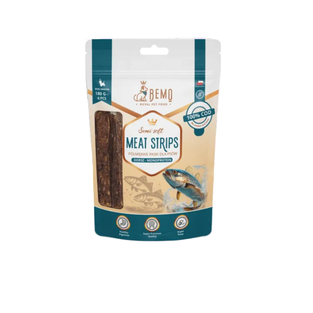 Gaļas strēmelītes ar mencu - hipoalerģiski, pusmīksti našķi suņiem 180 g